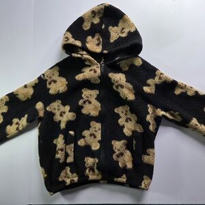 Bear Print Oversized Sherpa Hoodie Jacket
